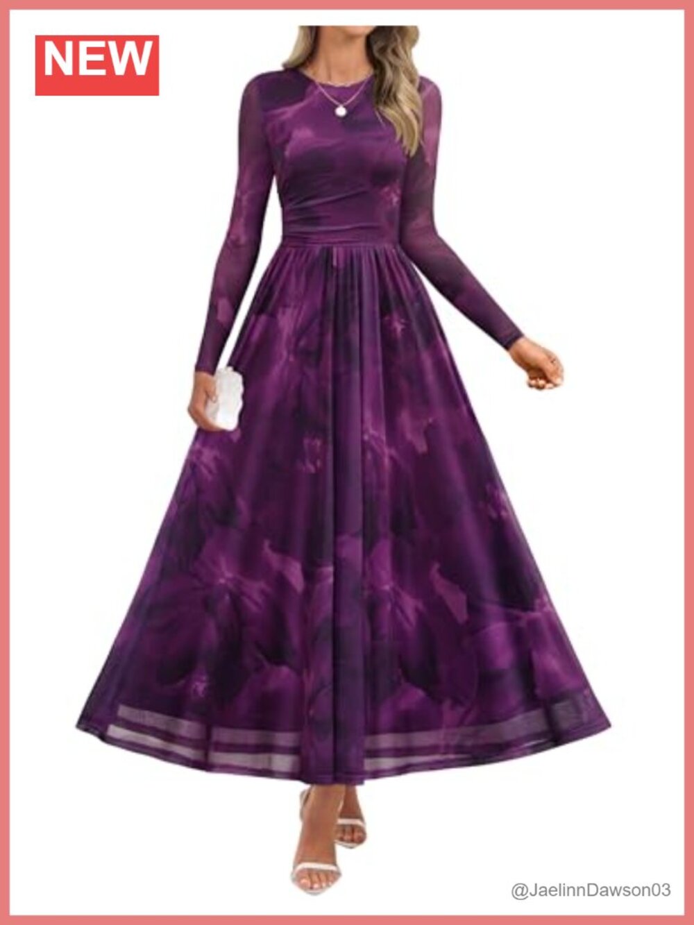 Women's Long Sleeve Maxi Dress Mesh Ruched Waist A-Line Pleated Wedding Guest